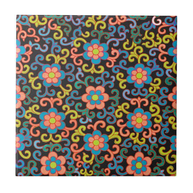 Chic Black Pattern with Colorful Floral  Tile (Front)