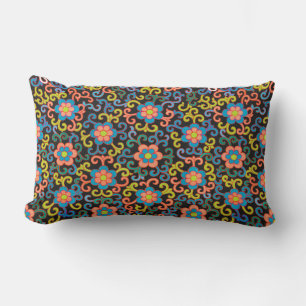 Chic Black Pattern with Colourful Floral Lumbar Cushion