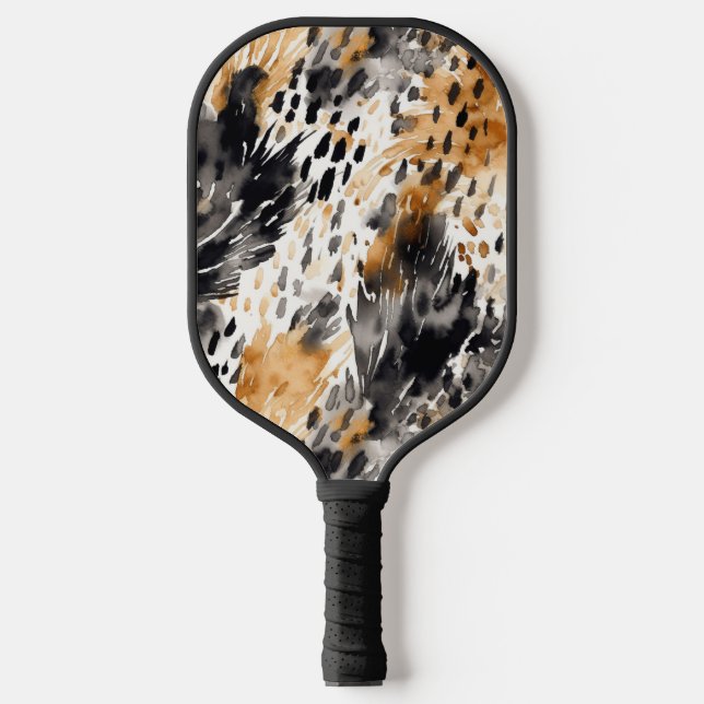 Chic Black Peach White Leopard Animal Print Pickleball Paddle (Front)