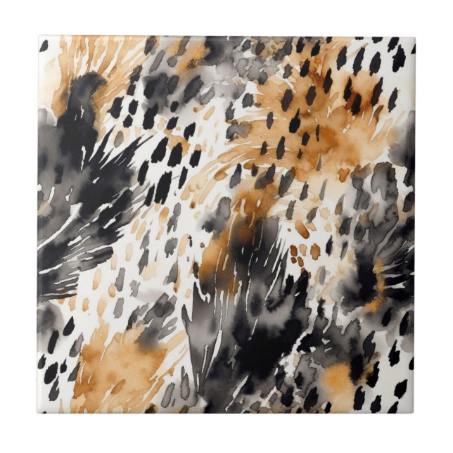 Chic Black Peach White Leopard Animal Print Tile (Front)