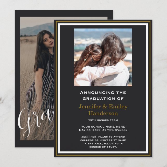 Chic Black photo double graduation Announcement (Front/Back)
