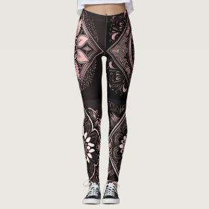 Chic Black Pink and White Mandala Leggings 