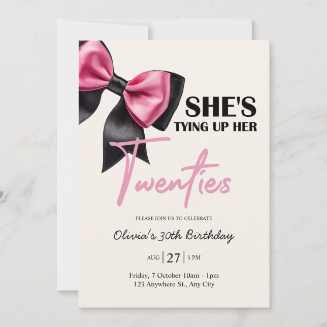 Chic Black & Pink Bow 30th Birthday Invitation (Front)