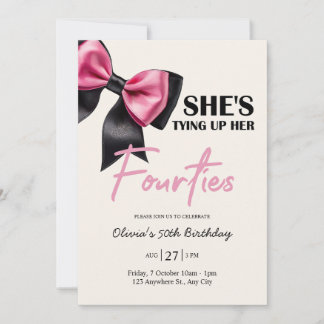 Chic Black & Pink Bow 50th Birthday Invitation