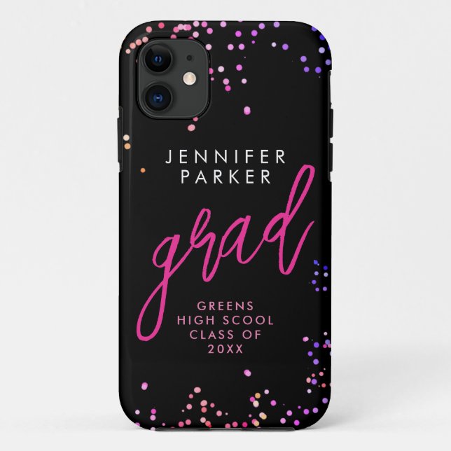 Chic Black Pink Confetti School Grad Modern Script Case-Mate iPhone Case (Back)
