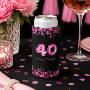 Chic Black Pink Faux Glitter 40th Birthday Seltzer Can Cooler