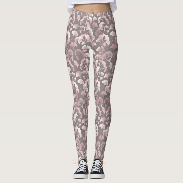 Chic Black Pink Ginkgo Pattern Leggings (Front)