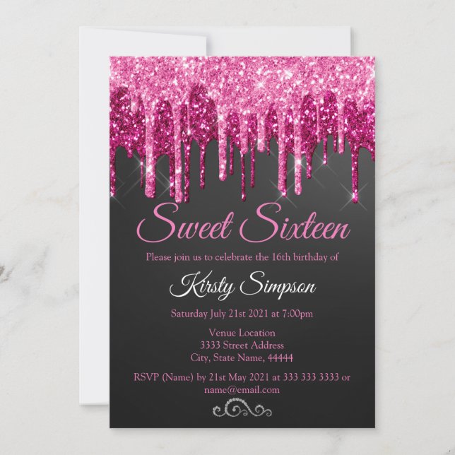 Chic Black Pink Glitter Sweet Sixteen Party Invita Invitation (Front)
