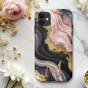 Chic Black Pink Gold Glitter Marble Monogram Case-Mate iPhone Case