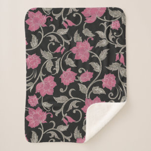 Chic black pink green glitter floral illustration sherpa blanket