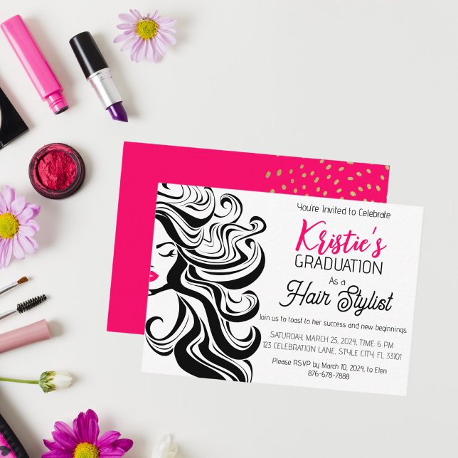 Chic Black Pink Hair Stylist Graduation Party Cute Card (Creator Uploaded)