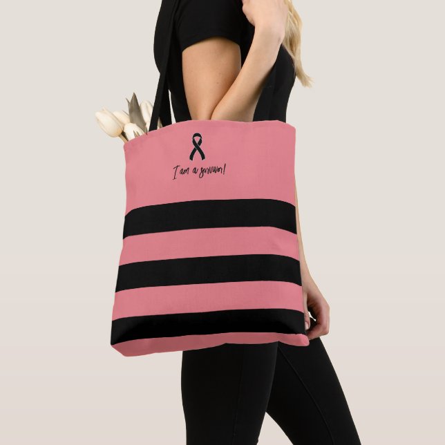 Chic Black Pink I am a breast cancer survivor Tote Bag (Close Up)