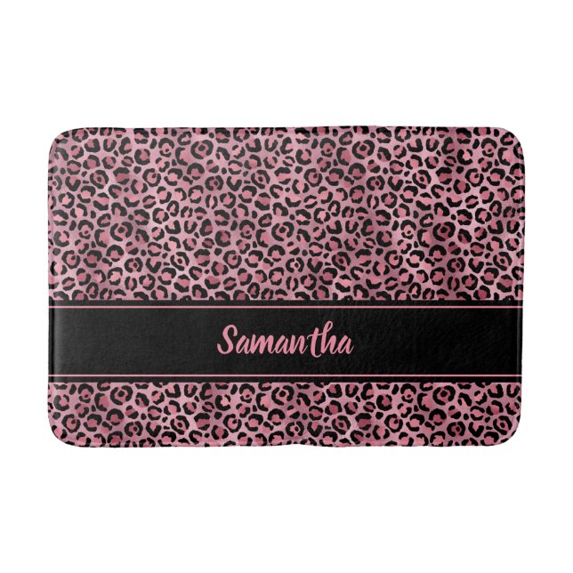 Chic Black Pink Leopard Print Personalised Bath Mat (Front)
