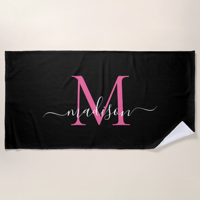 Chic Black Pink Monogram Feminine Girly Script Beach Towel (Front)