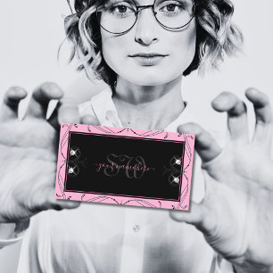 Chic Black Pink Sparkling Diamonds Initials Ornate Business Card