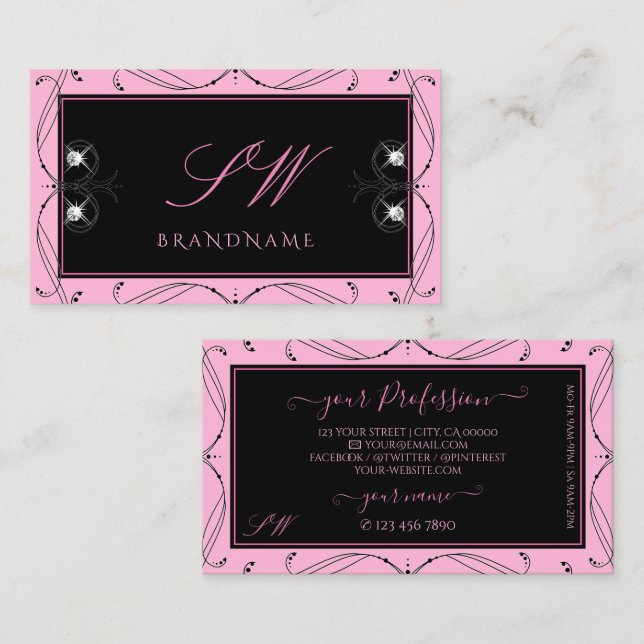 Chic Black Pink Sparkling Diamonds Monogram Ornate Business Card (Front/Back)
