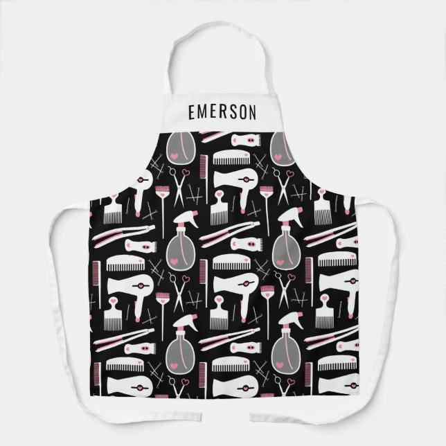 Chic Black Pink White Hair Stylist Tools Add Name  Apron (Front)
