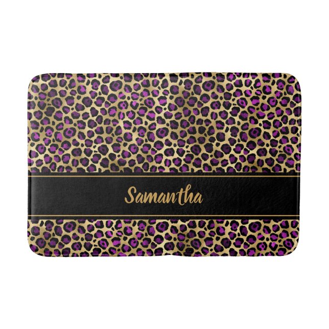 Chic Black Purple Gold Leopard Print Personalised Bath Mat (Front)