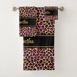 Chic Black Purple Gold Leopard Print Personalised Bath Towel Set