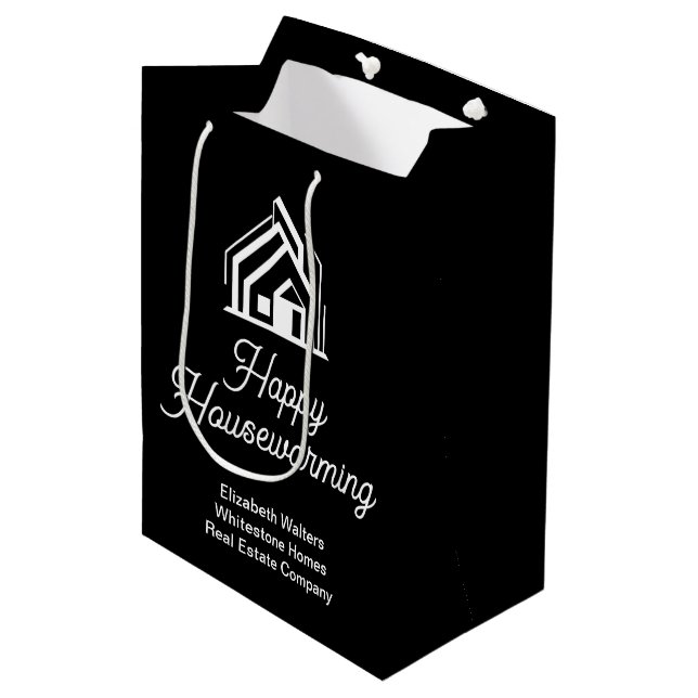 Chic Black Real Estate Company Custom Realtor Medium Gift Bag (Front Angled)