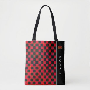 Chic black, & red chequered & calligraphy tote bag