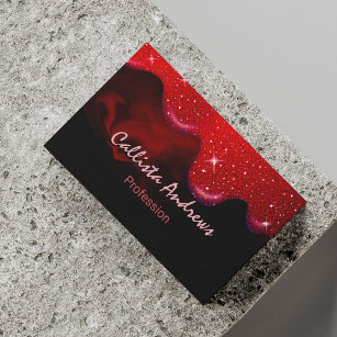 Chic black red drippings glitter marble business card