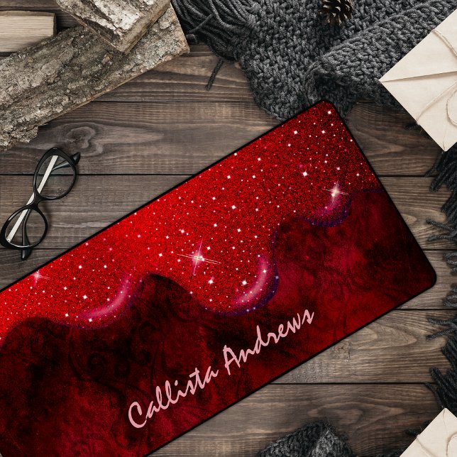 Chic black red drippings glitter marble desk mat (Creator Uploaded)