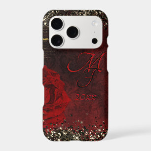 Chic black red gold glitter flower monogram notebo