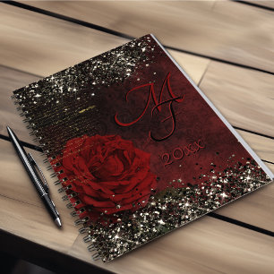 Chic black red gold glitter flower monogram notebo notebook