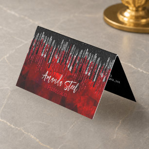 Chic black red silver glitter drips monogram business card