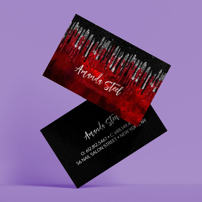 Chic black red silver glitter drips monogram business card (Creator Uploaded)