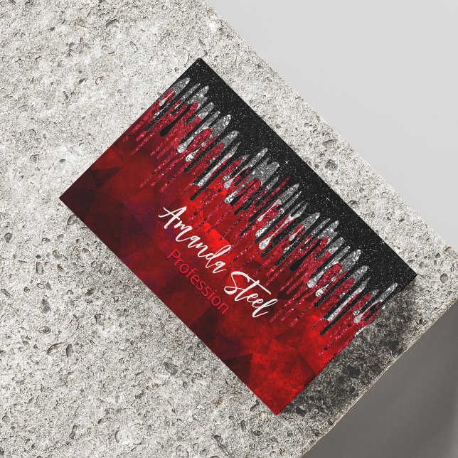 Chic black red silver glitter drips monogram magnetic business card (Creator Uploaded)