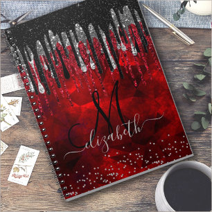 Chic black red silver glitter drips monogram notebook