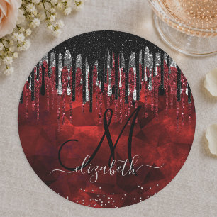 Chic black red silver glitter drips monogram paper round paper coaster