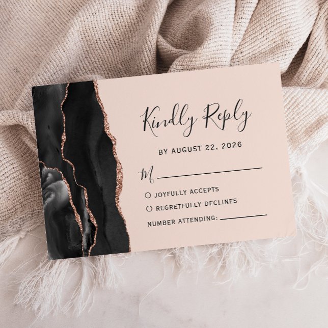 Chic Black Rose Gold Agate Blush Wedding RSVP Card (Creator Uploaded)