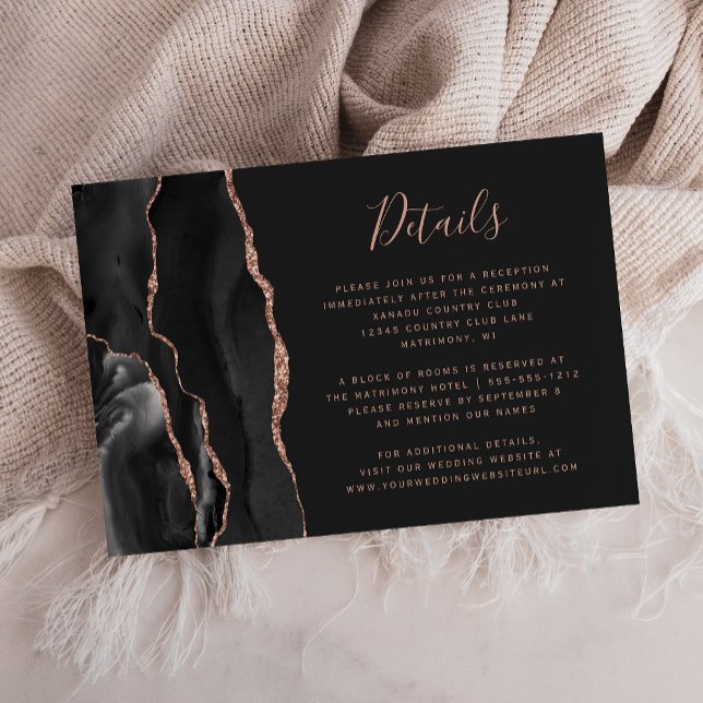Chic Black Rose Gold Agate Dark Wedding Details Enclosure Card (Creator Uploaded)