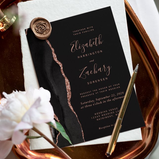 Chic Black Rose Gold Agate Dark Wedding Invitation (The perfect choice for a black and rose gold themed wedding.)