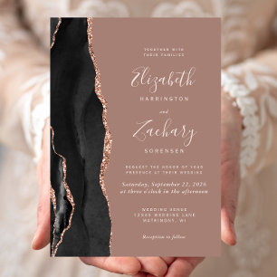 Chic Black Rose Gold Agate Dusty Rose Wedding Invitation