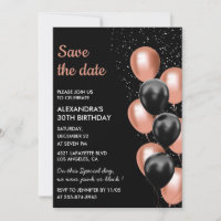 Chic Black Rose Gold Balloon 30th Save the Date 