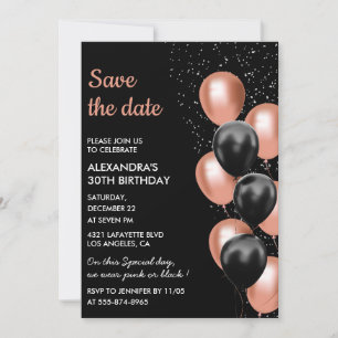 Chic Black Rose Gold Balloon 30th Save the Date Invitation