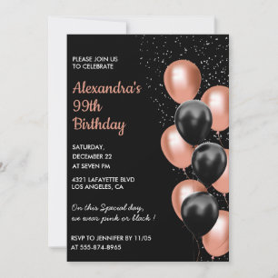 Chic Black Rose gold Balloons 99th birthday Invitation