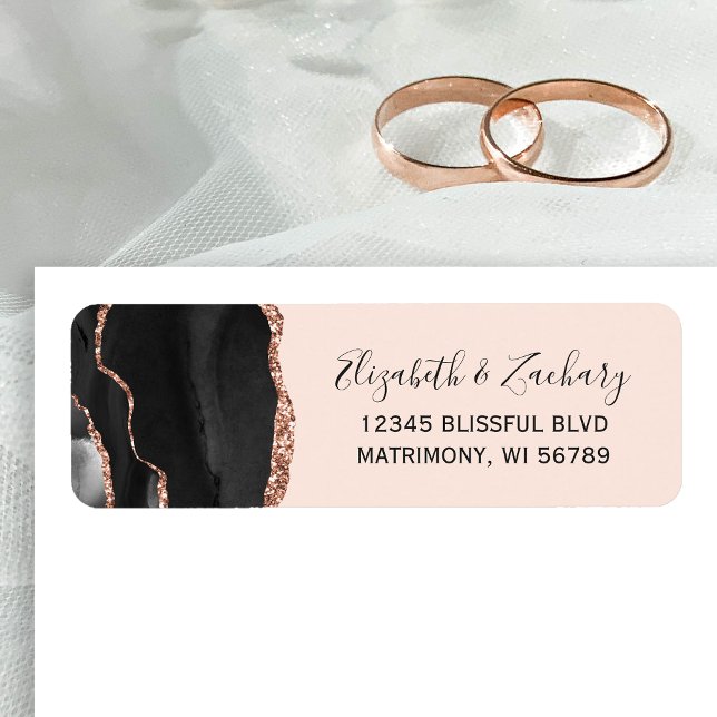 Chic Black Rose Gold Blush Wedding Return Address (Creator Uploaded)