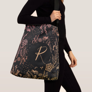 chic black rose gold botanical pattern monogrammed crossbody bag