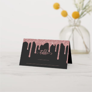 Chic Black Rose Gold Dripping Glitter Wedding Place Card