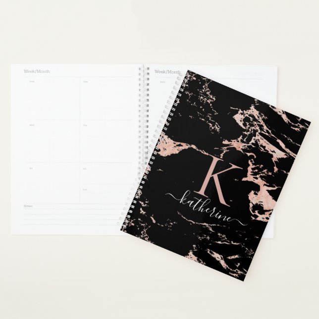 Chic Black Rose Gold Foil Marble Monogram Planner (Display)