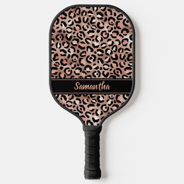 Chic Black Rose Gold Leopard Print Personalised Pickleball Paddle (Front)