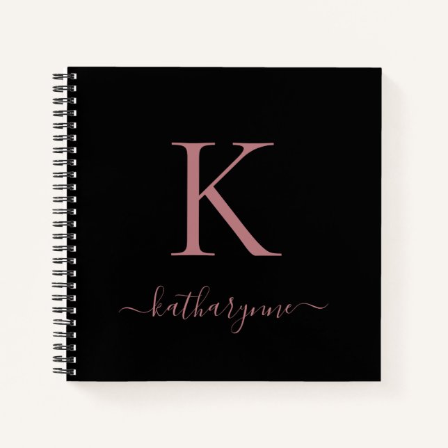 Chic Black Rose Gold Pink Monogram Name Notebook (Front)