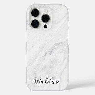 Chic Black Script Monogram on White Marble iPhone 16 Pro Case