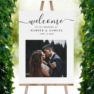 Chic Black Script Photo Wedding Welcome Sign