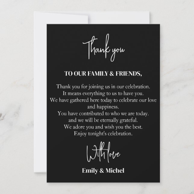 Chic Black Sienna Wedding Reception Table  Thank You Card (Front)